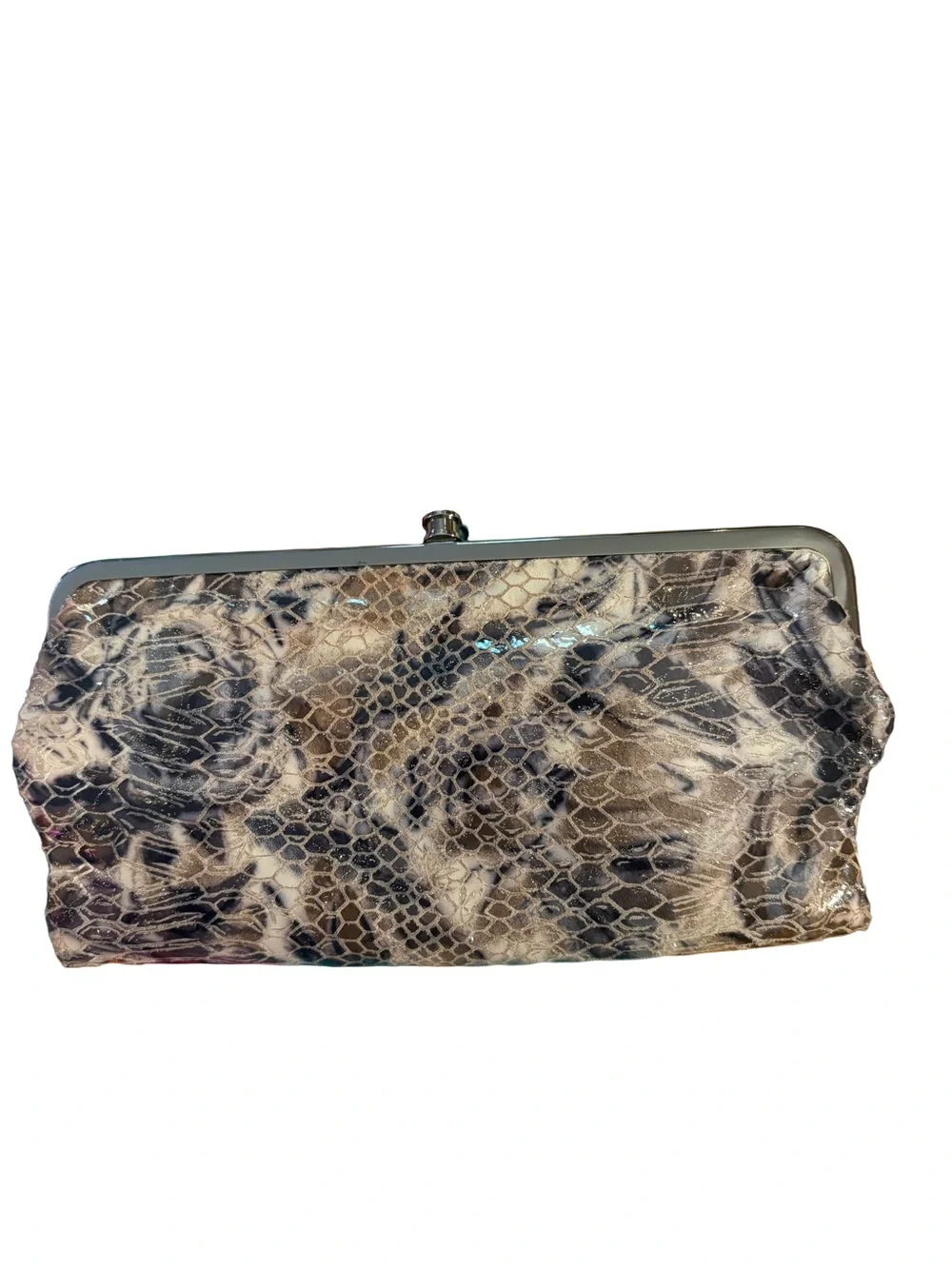 HOBO Snake-Print Patent Leather Clutch in Beige and Taupe